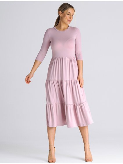 Svetloružové midi šaty s volánmi