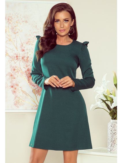 (Veľ. L) Zelené šaty s volánikmi na ramenách VANESA