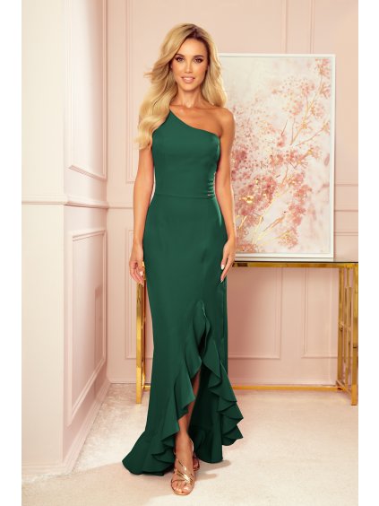 (Veľ. S) Dlhé španielske zelené šaty na jedno rameno JOANA
