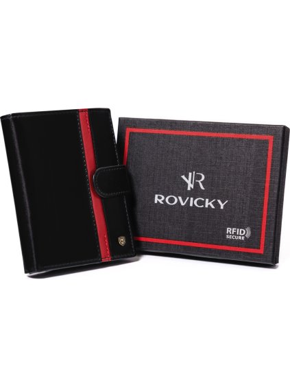 Rovicky Čierna kožená peňaženka so zapínaním a červeným pruhom L182