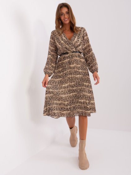 Čierno-béžové plisované midi šaty s haďou potlačou