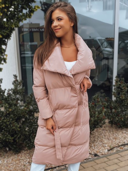 Púdrovo ružový dlhý dámsky prešívaný kabát s opaskom FAVI