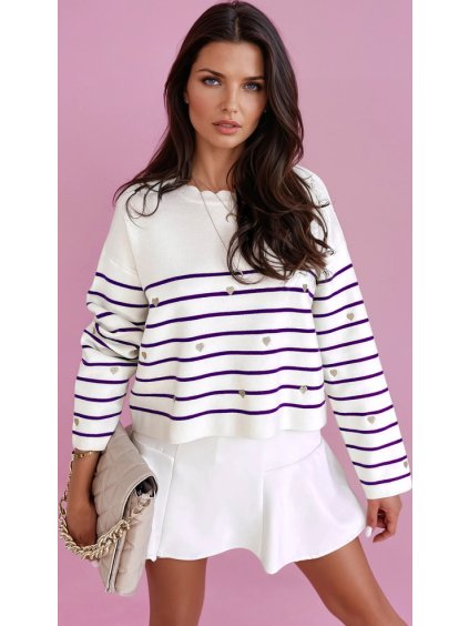 Bielo-fialový pruhovaný sveter so srdiečkami VELORIA