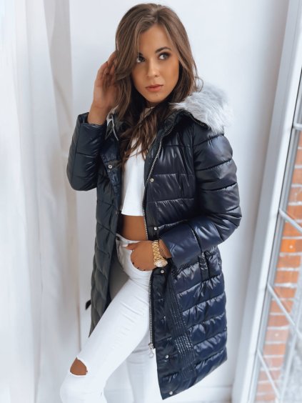 Tmavomodrá lesklá dlhšia bunda DORTANO