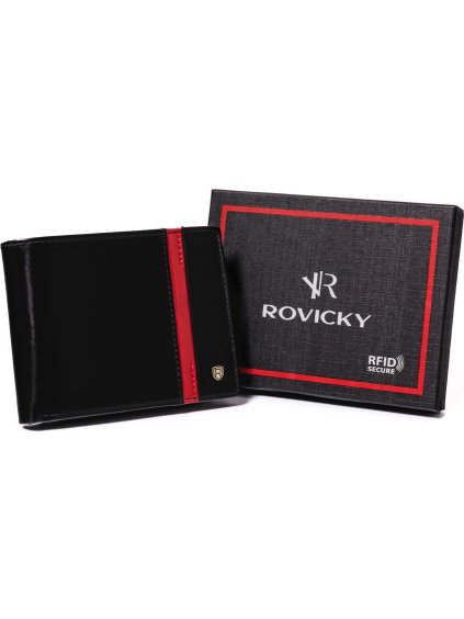 Rovicky Čierna kožená peňaženka bez zapínania s červeným pruhom L195