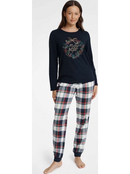 Tmavomodré kárované dámske vianočné pyžamo - Merry