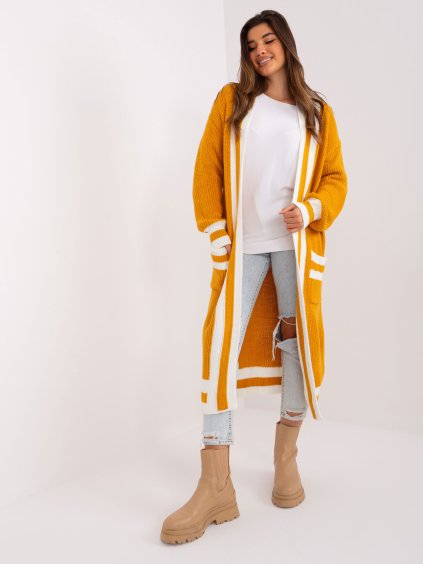 Horčicový dlhý kardigán s vreckami