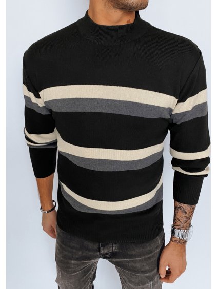 Pruhovaný pánsky sveter s rolákom- čierna / sivá / biela