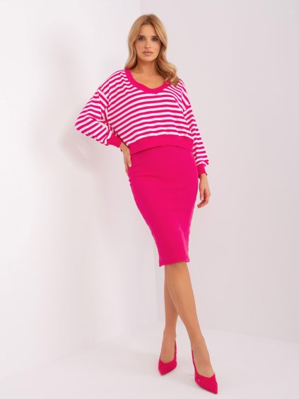 Tmavoružový komplet midi šiat a pruhovanej blúzky