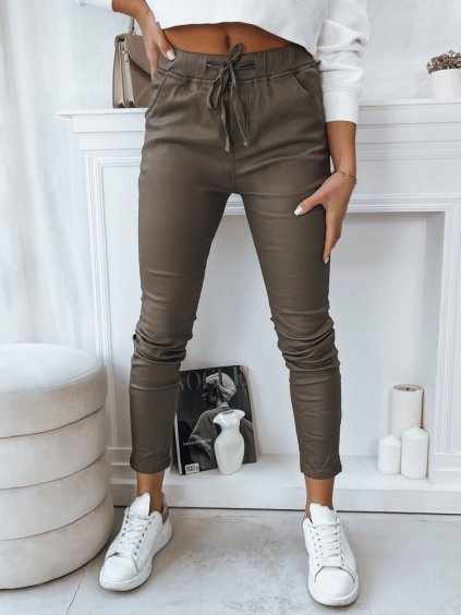 Kávové koženkové nohavice s elastickým pásom LIZZY