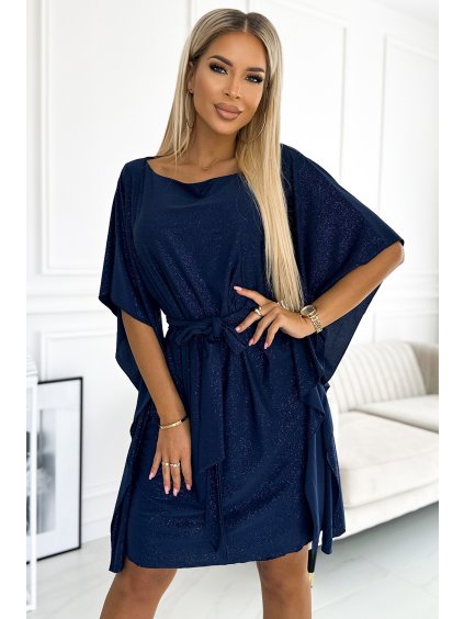 Elegantné lesklé šaty NICOLA s opaskom - Tmavomodré (Veľkosť S/M)