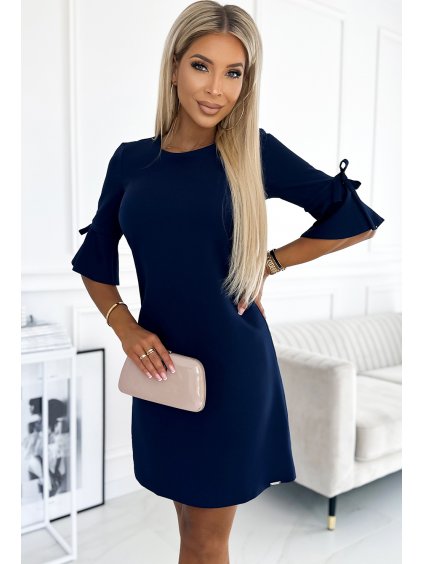 Tmavomodré šaty s volánmi na rukávoch CELINE