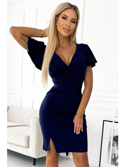 Tmavomodré šaty s výstrihom a pásikom STEPHANIE