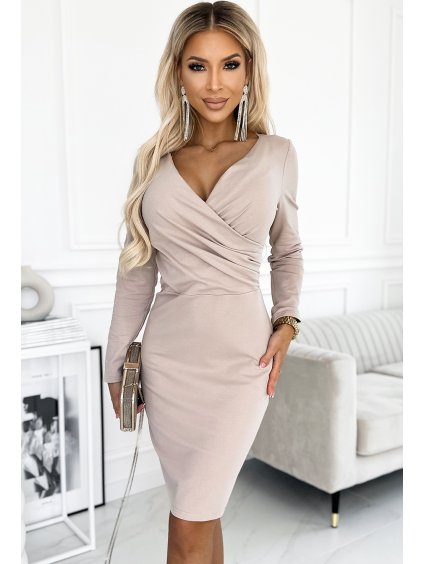 Elegantné béžové šaty s výstrihom a dlhými rukávmi ELLE