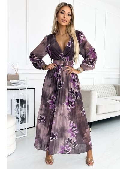 Fialové kvetované plisované šaty