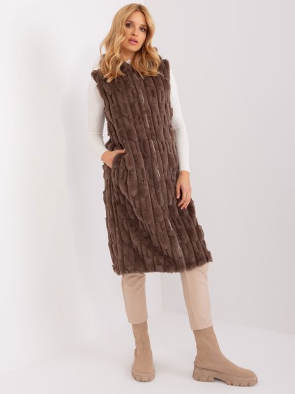 Tmavohnedá midi kožušinová vesta