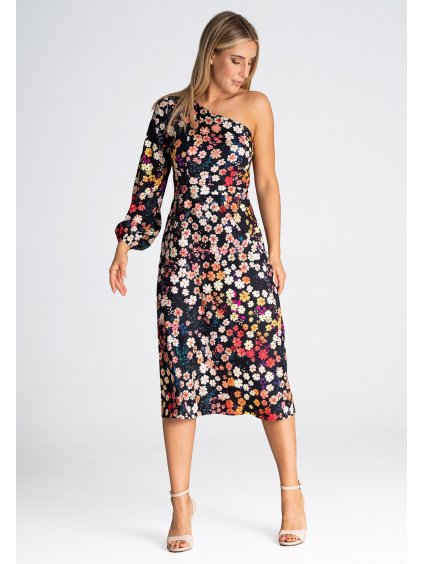 Kvetované midi šaty s jedným rukávom