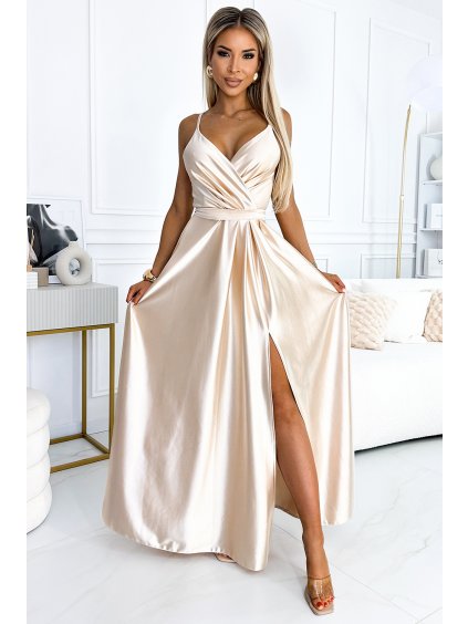 Svetlobéžové lesklé maxi šaty JULIET