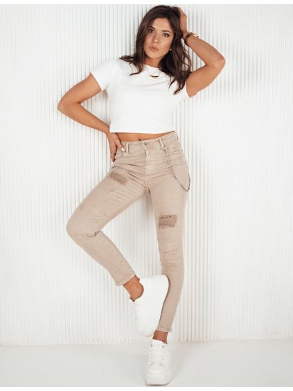 Tmavobéžové skinny džínsy s odreninami a ozdobnou retiazkou ALEX