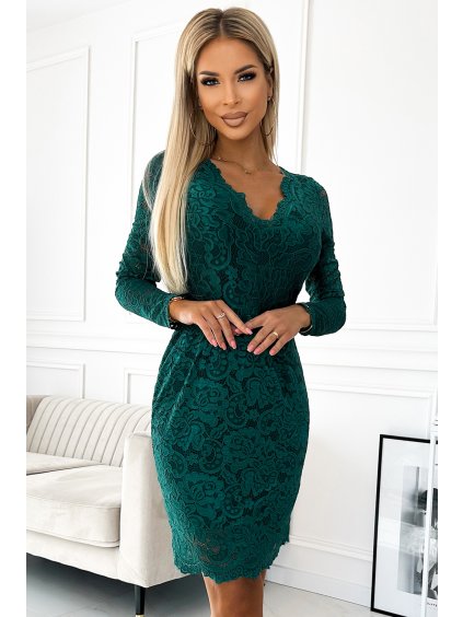 (Veľ. XL) Tmavozelené čipkové šaty s výstrihom CLAUDIO