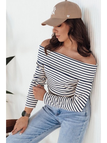 Tmavomodro-biela pruhovaná blúzka so spadnutými ramenami TESSO