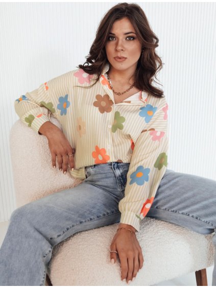 Bielo-béžová pruhovaná košeľa s farebnými kvetmi PLANTINA