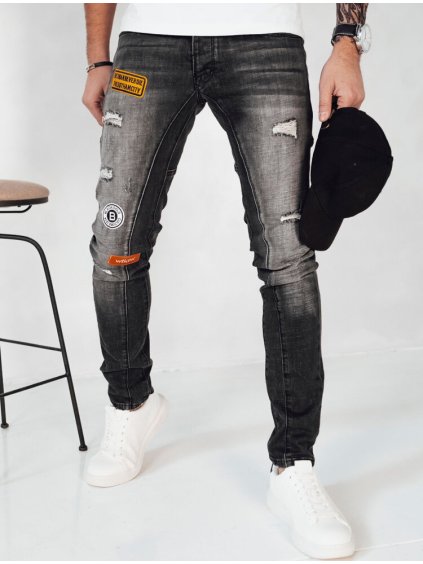 Tmavosivé džínsové nohavice s nášivkami