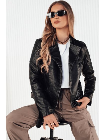 Čierna koženková bunda s pásikom ERIPA