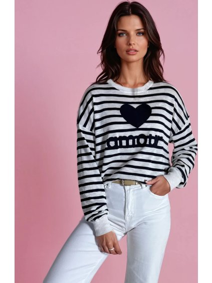 Tmavomodro-biely pruhovaný sveter so srdiečkom NOVES