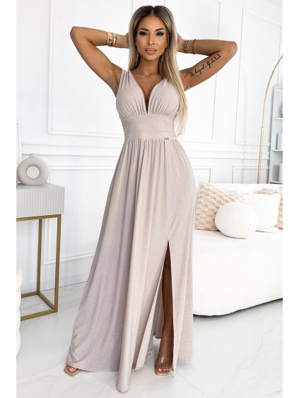 Béžové trblietavé maxi šaty SUSAN