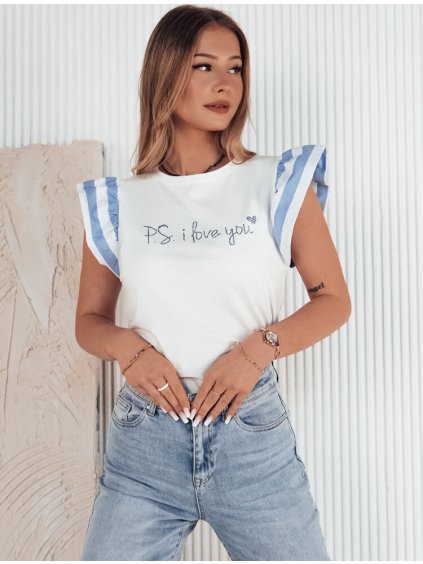 Biele tričko so svetlomodrými volánikmi na rukáve AMOURI