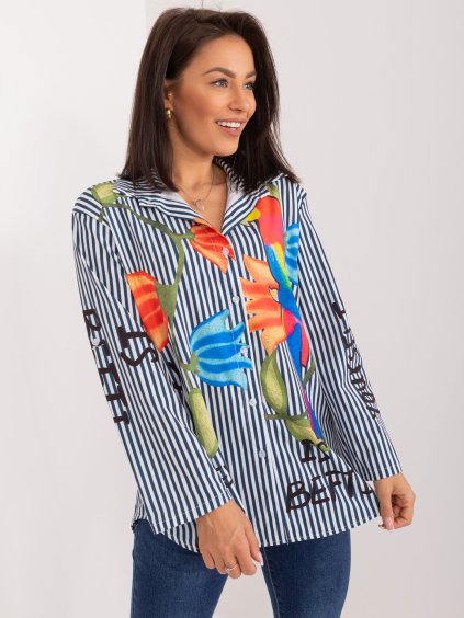 Tmavomodro-biela pruhovaná košeľa s potlačou papagája