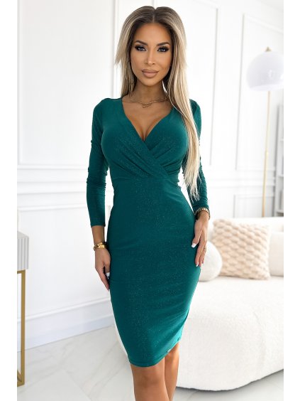 Tmavozelené vypasované šaty s dlhým rukávom EVA