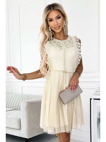 Béžové šaty s čipkou a zlatým pásikom NATALIA