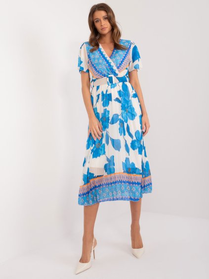 Modro-smotanové kvetované midi šaty s pásikom