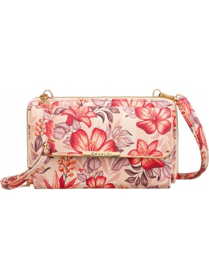 4U Cavaldi Ružovo-červená kvetovaná prešívaná peňaženka s odnímateľným popruhom M686