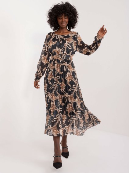 Čierno-zlaté vzorované midi šaty s pásikom