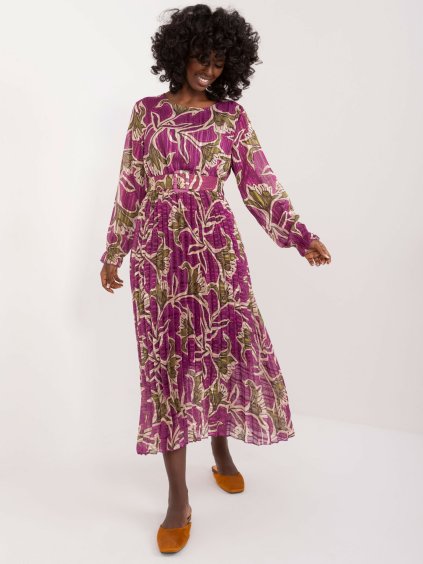 Fialovo-zlaté vzorované midi šaty s pásikom