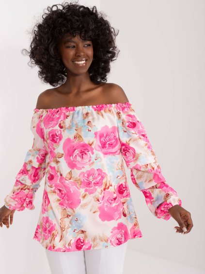 Ružová blúzka s kvetinovou potlačou a spadnutými ramenami