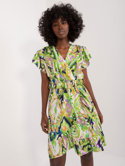 Svetlozelené vzorované mini šaty s pásikom