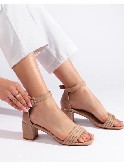 Tmavobéžové semišové sandále na stĺpcovom podpätku