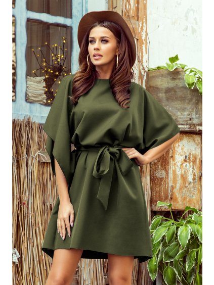 Elegantné šaty NICOLA s pásikom - khaki (Veľkosť S/M)