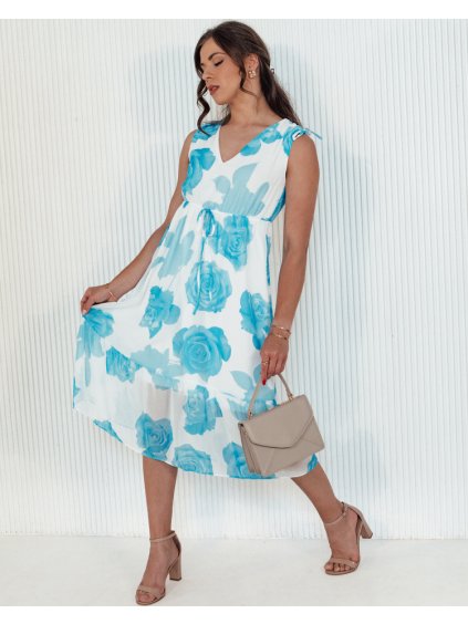 Biele midi šaty s modrými ružami ROSALIE