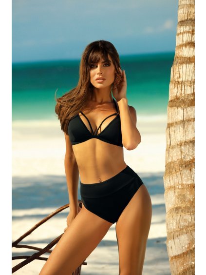 Čierne dámske bikiny s vysokým pásom a riasením