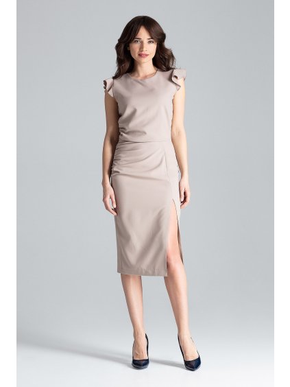 Béžové šaty s rozpárkom a volánmi