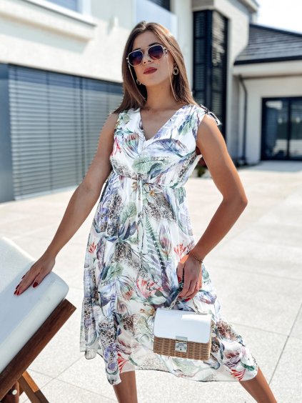 Biele midi šaty s farebnými vzormi ROSALIE