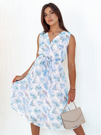 Bielo-modré kvetované midi šaty s mašľou CARIBBEA