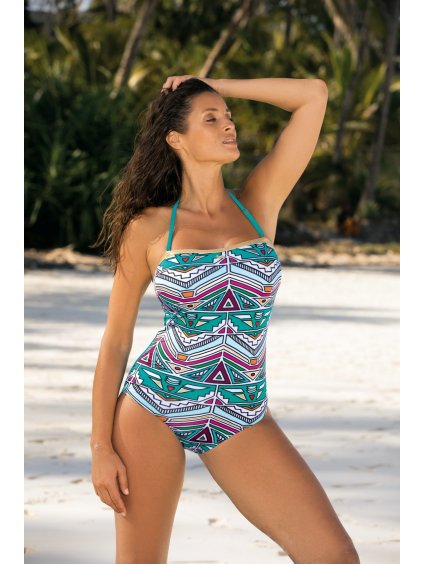 Tyrkysové jednodielne plavky Sansza s aztéckym vzorom