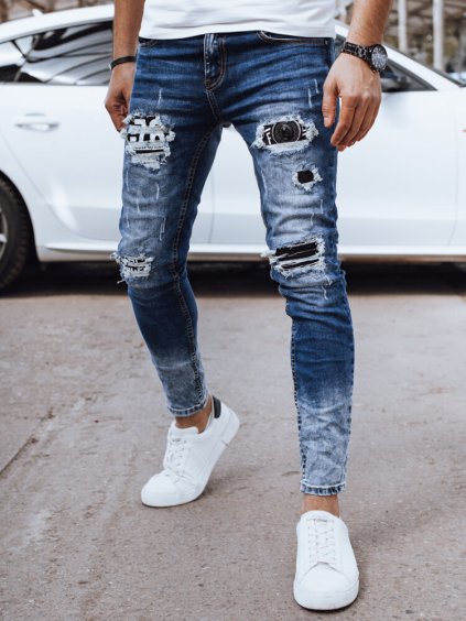 Modré pánske džínsy s odreninami