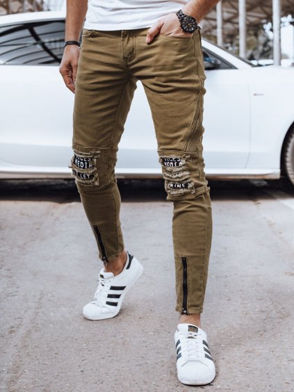 Khaki pánske džínsy s odreninami a zipsami
